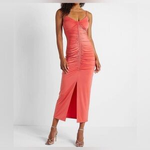 NWT EXPRESS RUCHED CONTOUR MIDI DRESS CORAL